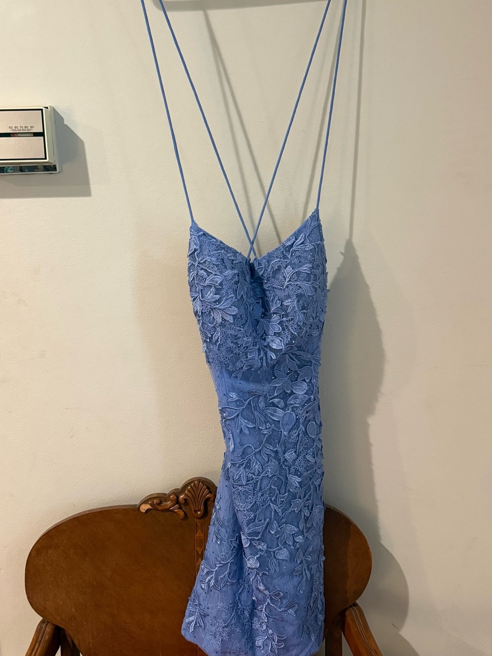Sherri Hill Lavender-Blue Lace Spaghetti-Strap Sheath Dress